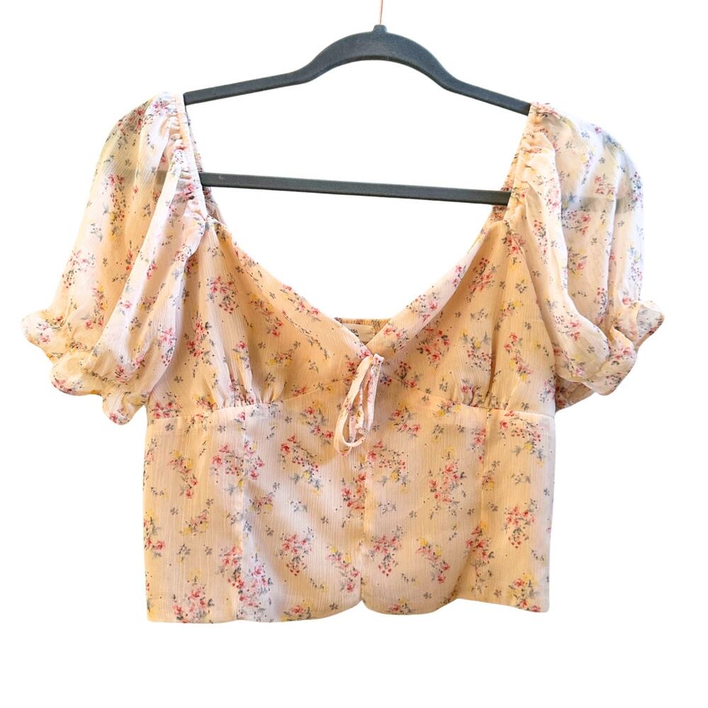 Active USA Pink Floral Smocked Puff Sleeve Crop Top Large
